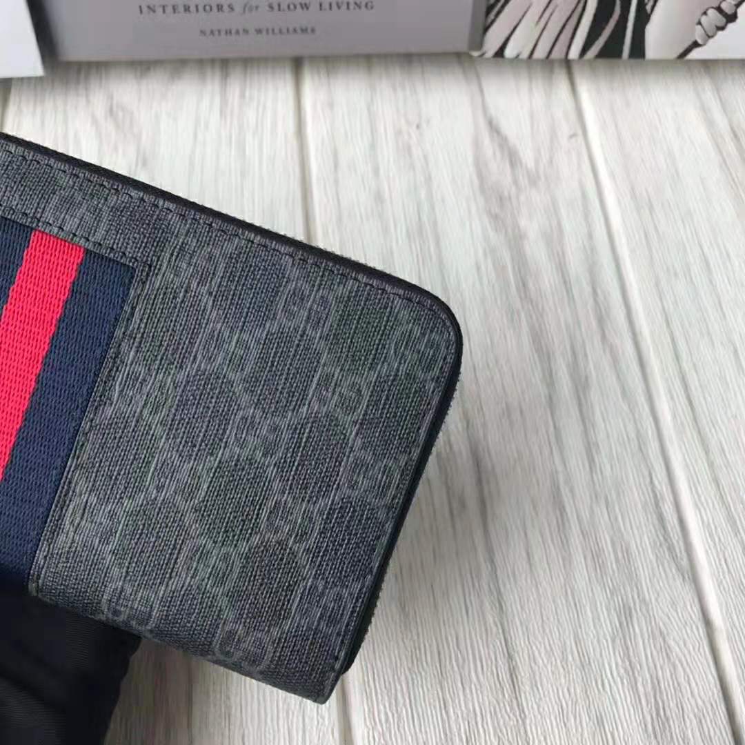 Gucci GG Unisex GG Supreme Web Zip Around Wallet in Black/Grey GG Supreme Canvas