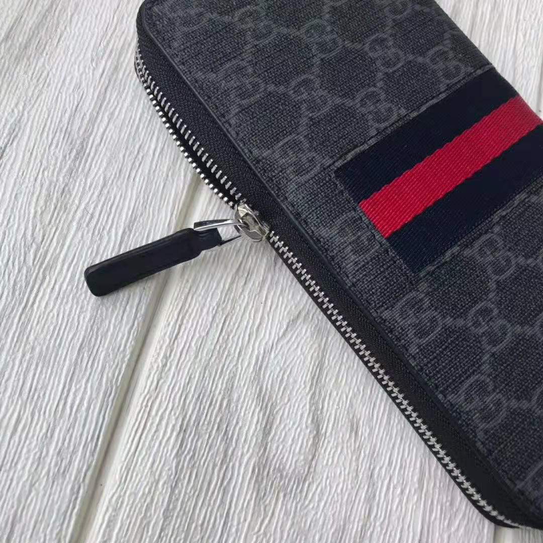 Gucci GG Unisex GG Supreme Web Zip Around Wallet in Black/Grey GG Supreme Canvas