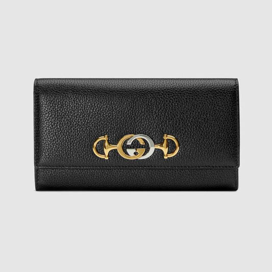 Gucci GG Women Gucci Zumi Grainy Leather Continental Wallet-Black