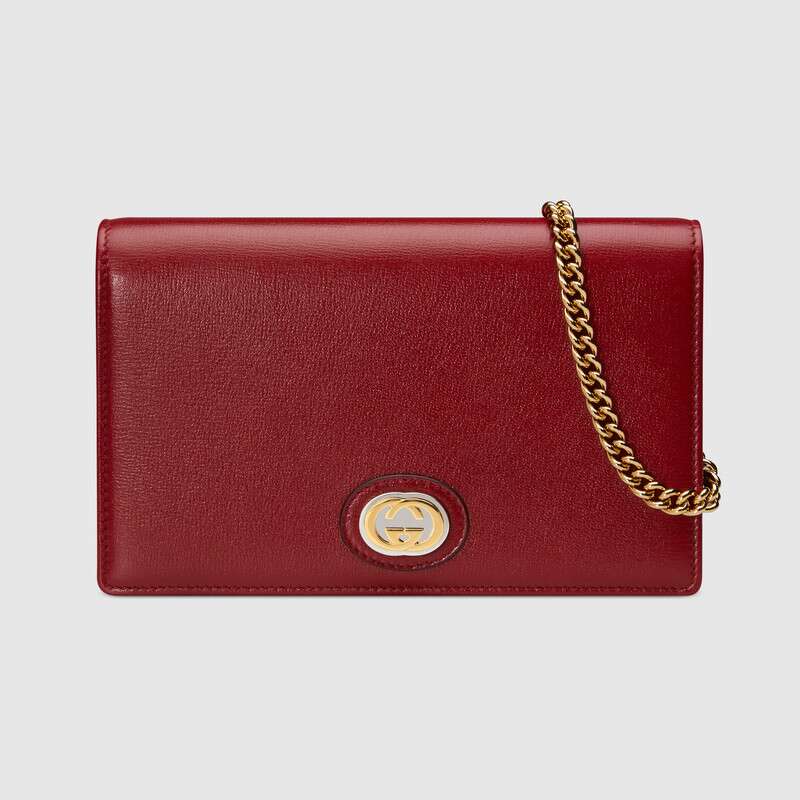 Gucci GG Women Leather Chain Card Case Wallet in Textured Leather-Red