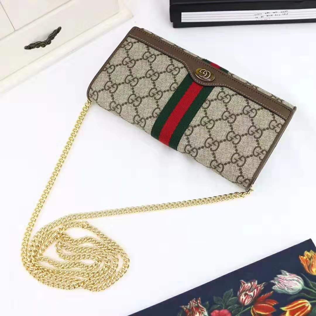 Gucci GG Women Ophidia GG Chain Wallet in Beige/Ebony GG Supreme Canvas