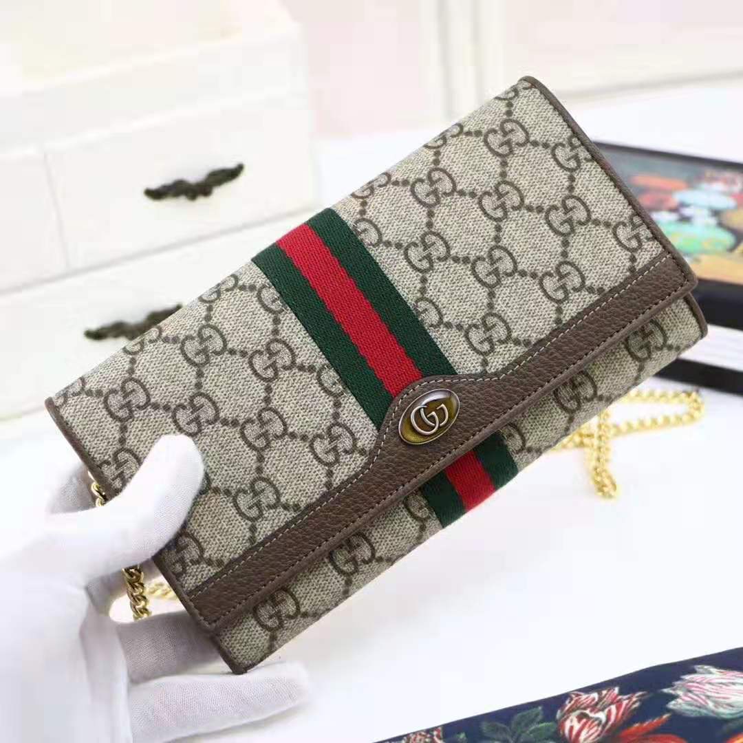 Gucci GG Women Ophidia GG Chain Wallet in Beige/Ebony GG Supreme Canvas