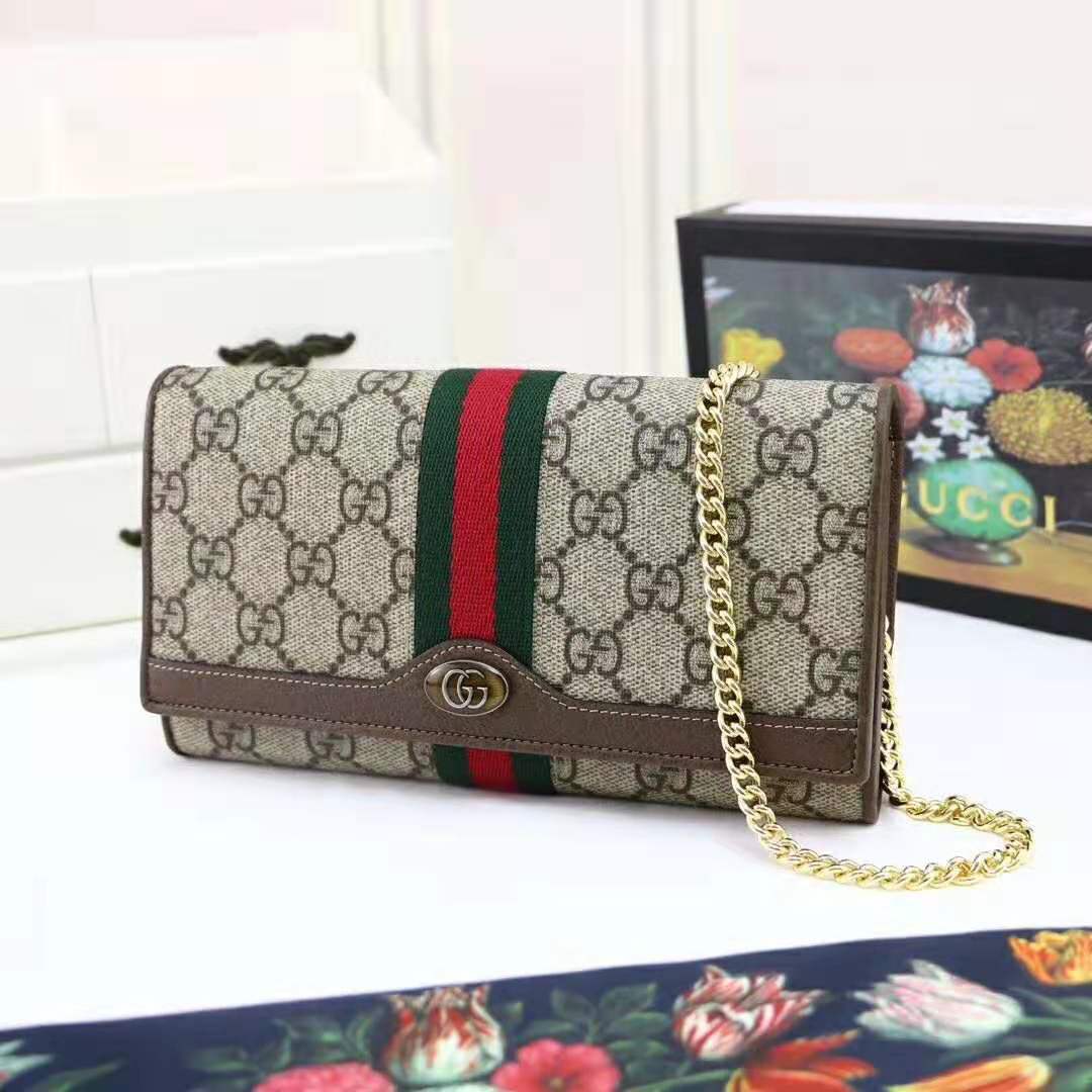 Gucci GG Women Ophidia GG Chain Wallet in Beige/Ebony GG Supreme Canvas