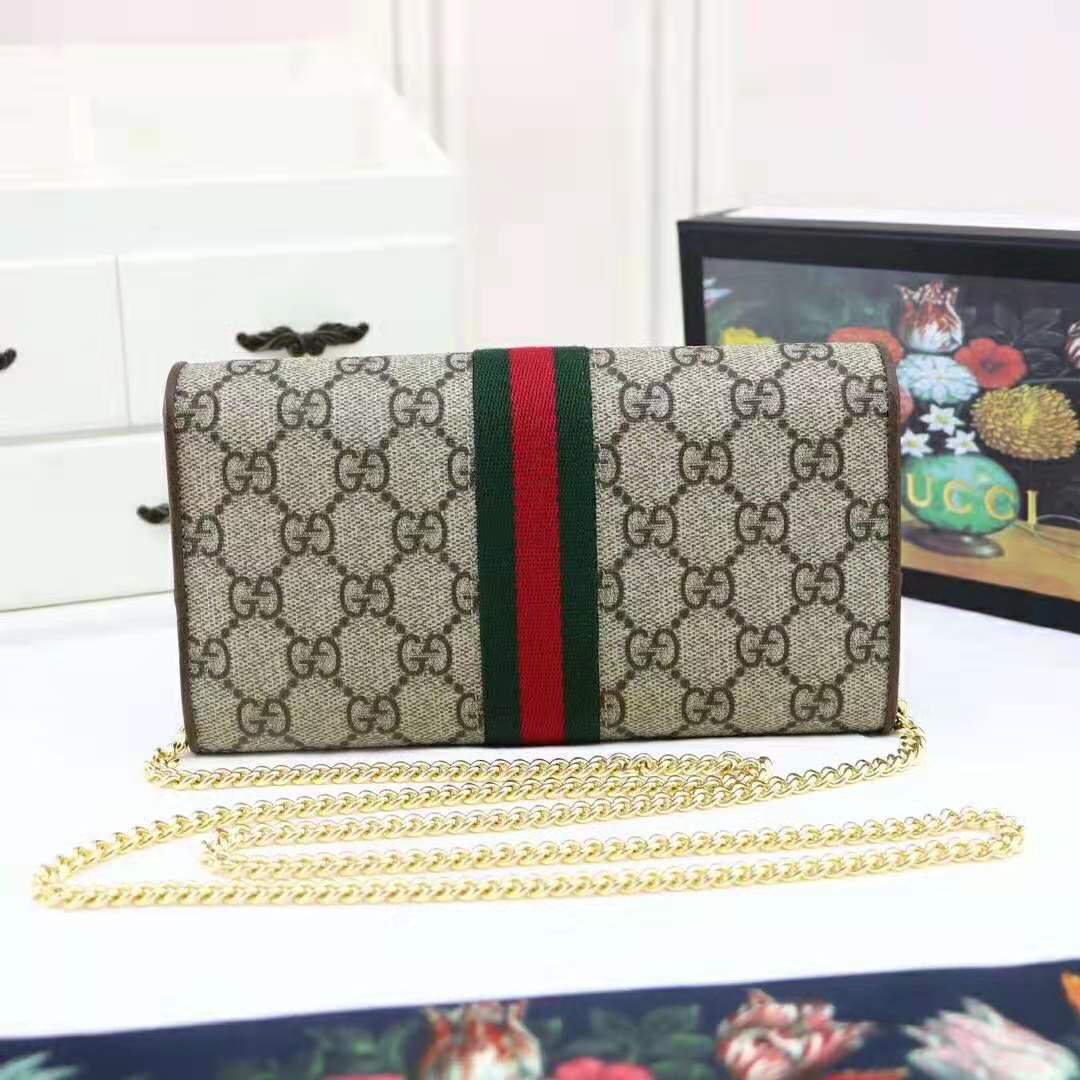 Gucci GG Women Ophidia GG Chain Wallet in Beige/Ebony GG Supreme Canvas