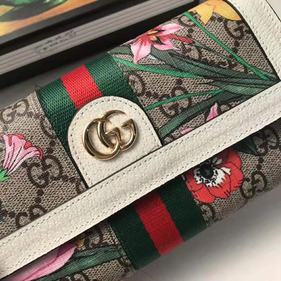 Gucci GG Women Ophidia GG Flora Continental Wallet in Beige/Ebony GG Supreme Canvas