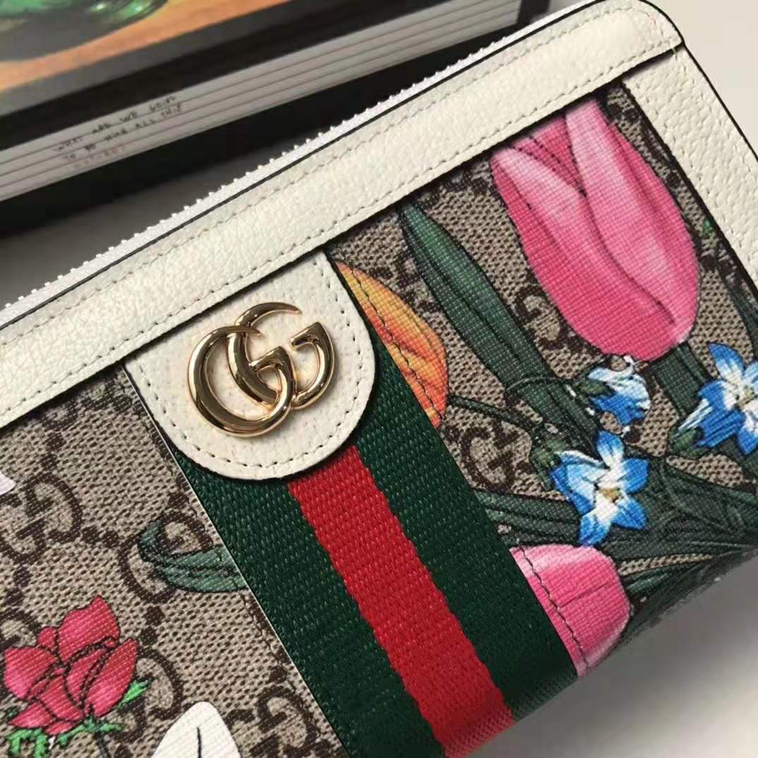 Gucci GG Women Ophidia GG Flora Zip Around Wallet in Beige/Ebony GG Supreme Canvas