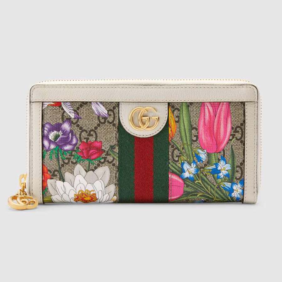 Gucci GG Women Ophidia GG Flora Zip Around Wallet in BeigeEbony GG Supreme Canvas