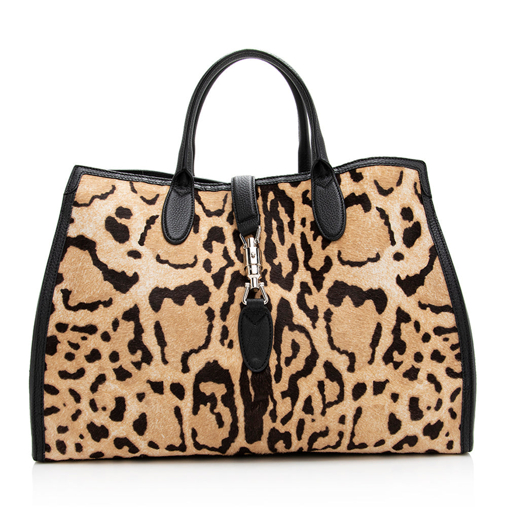 Gucci Leopard Calf Hair Jackie Medium Tote