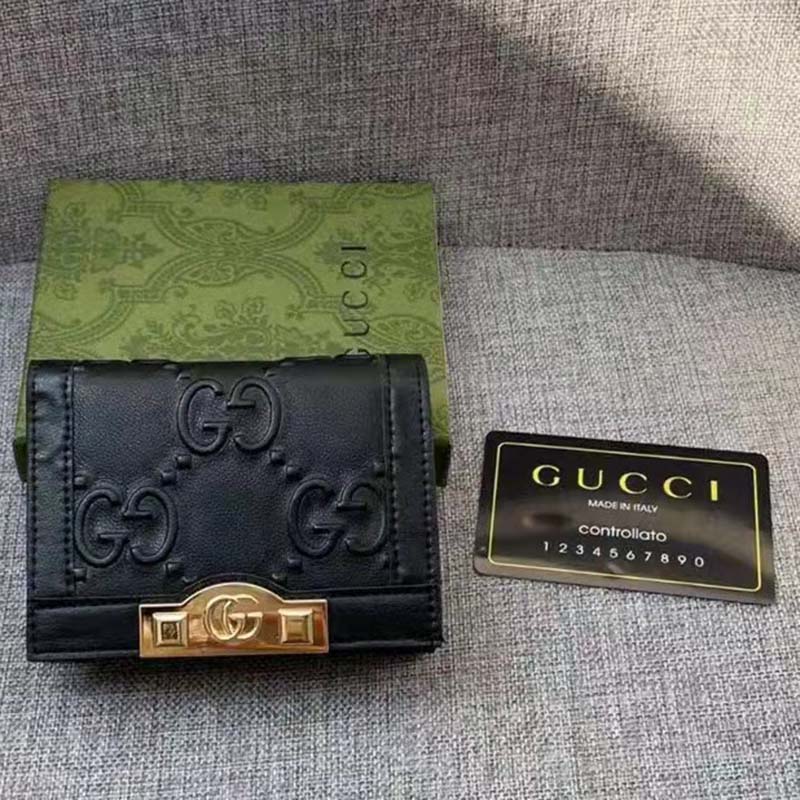 Gucci Unisex Card Case Wallet Black GG Leather Double G