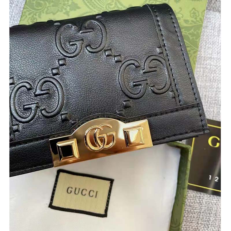 Gucci Unisex Card Case Wallet Black GG Leather Double G