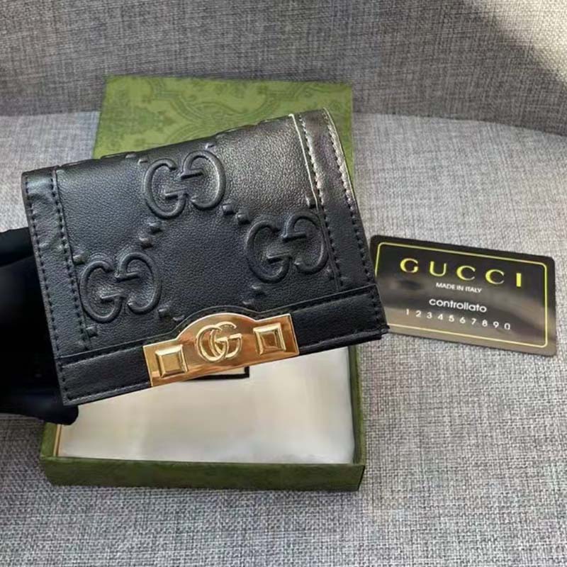 Gucci Unisex Card Case Wallet Black GG Leather Double G