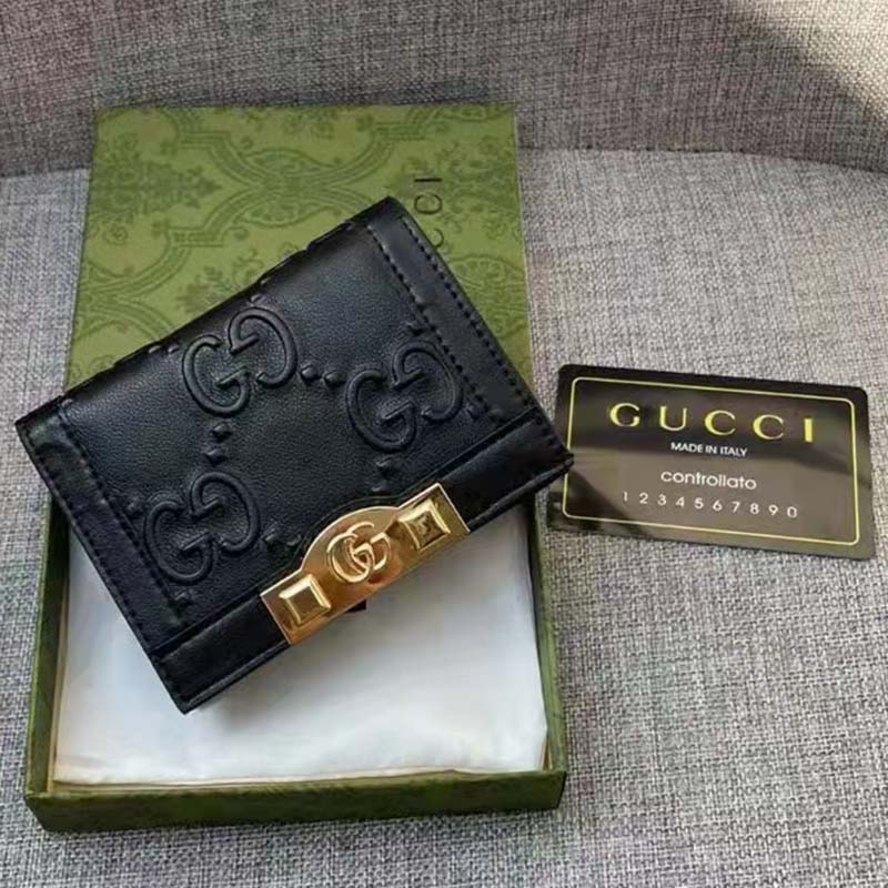 Gucci Unisex Card Case Wallet Black GG Leather Double G