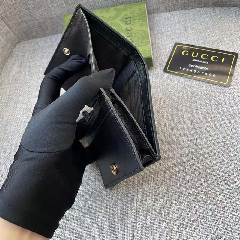 Gucci Unisex Card Case Wallet Black GG Leather Double G