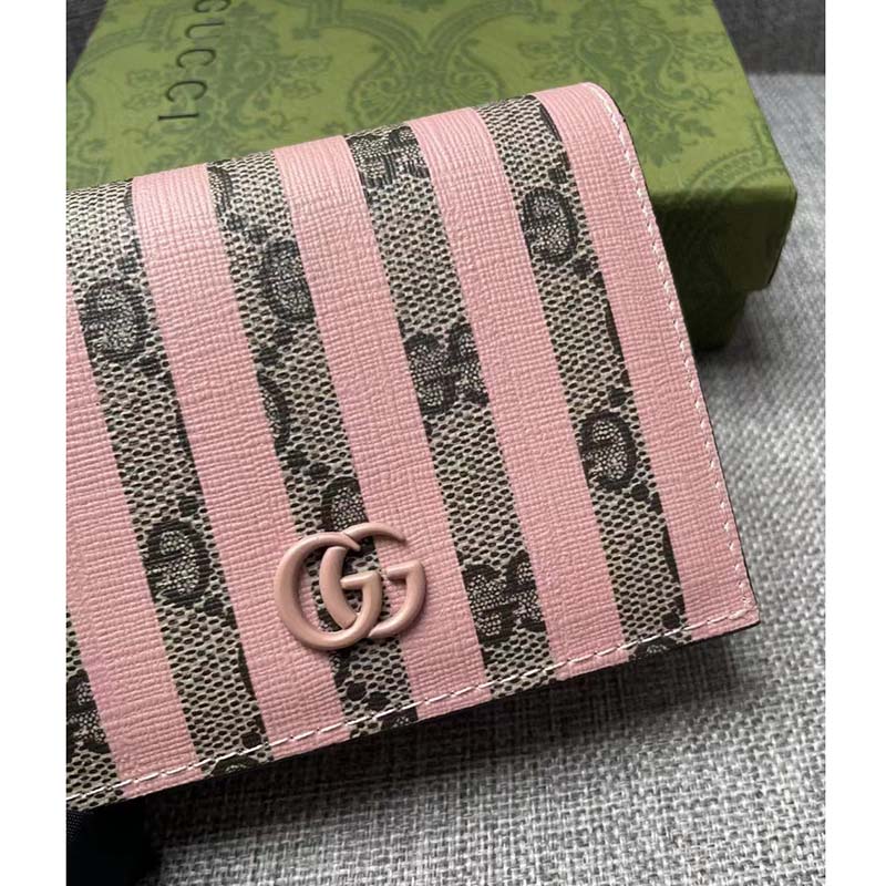 Gucci Unisex Card Case Wallet Double G Pink Stripe Print GG Supreme Canvas