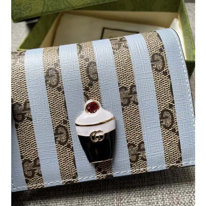 Gucci Unisex Card Case Wallet Enamel Ice Cream Blue Stripe Print Beige Ebony GG Supreme Canvas