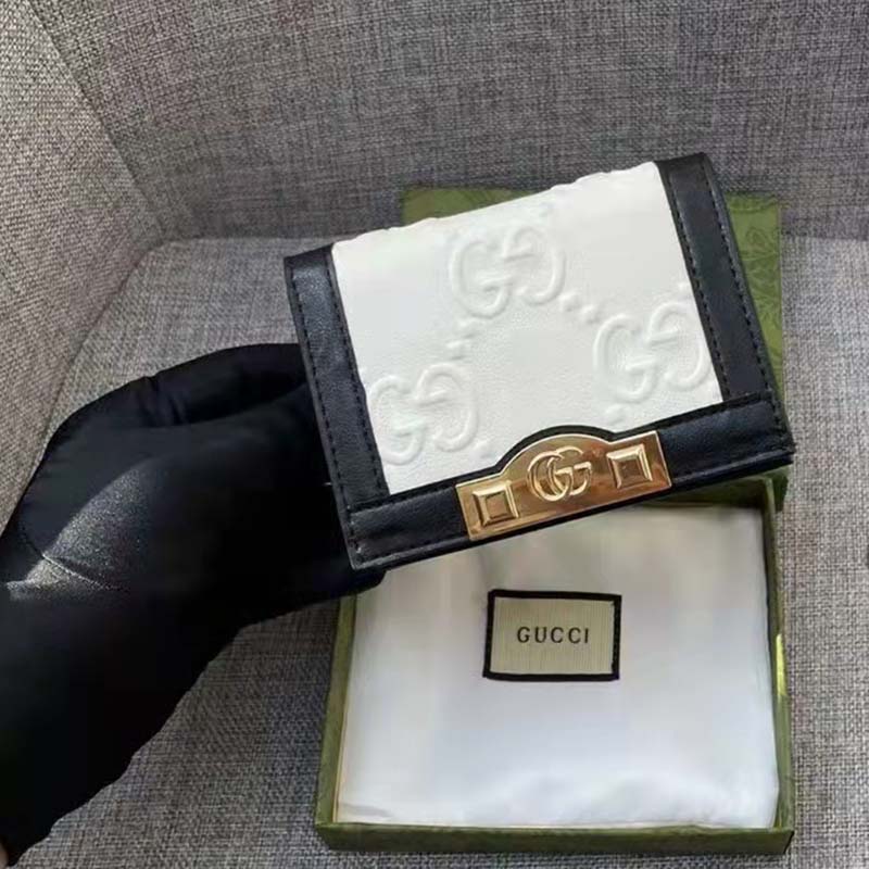 Gucci Unisex Card Case Wallet White Black GG Leather Double G