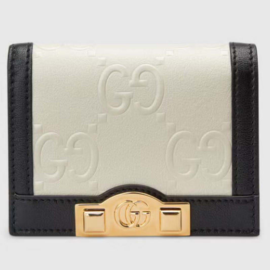 Gucci Unisex Card Case Wallet White Black GG Leather Double G