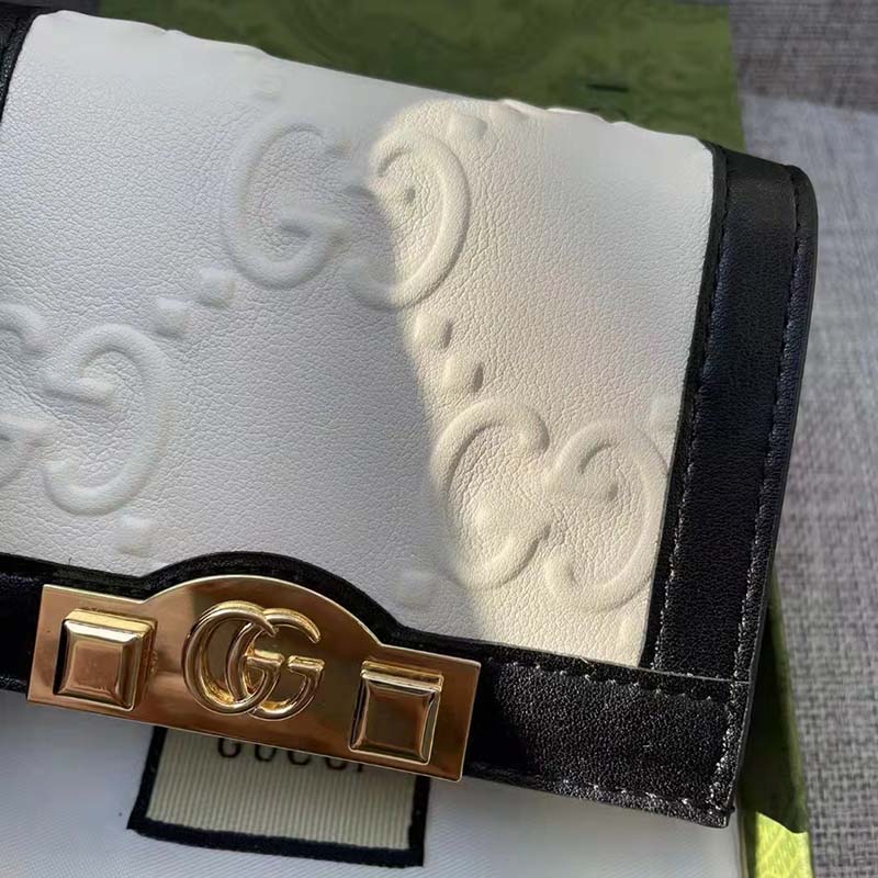 Gucci Unisex Card Case Wallet White Black GG Leather Double G