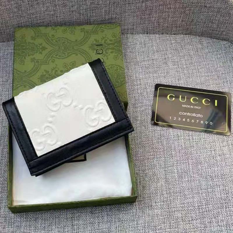 Gucci Unisex Card Case Wallet White Black GG Leather Double G