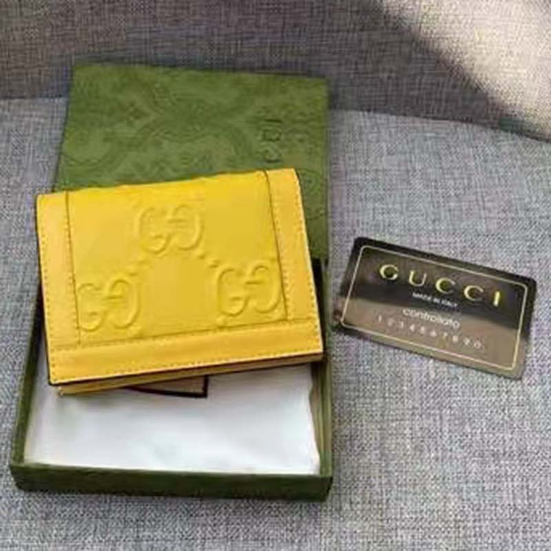 Gucci Unisex Card Case Wallet Yellow GG Leather Double G