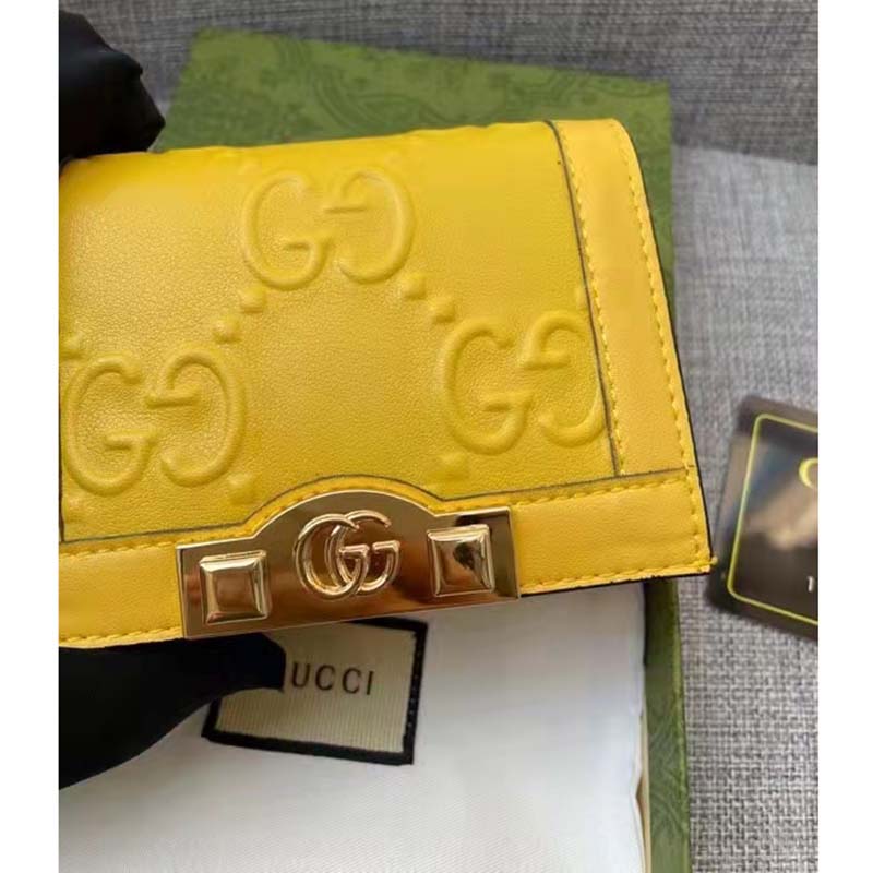 Gucci Unisex Card Case Wallet Yellow GG Leather Double G