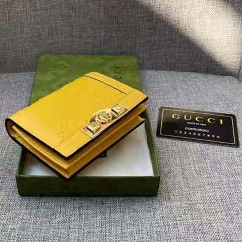 Gucci Unisex Card Case Wallet Yellow GG Leather Double G