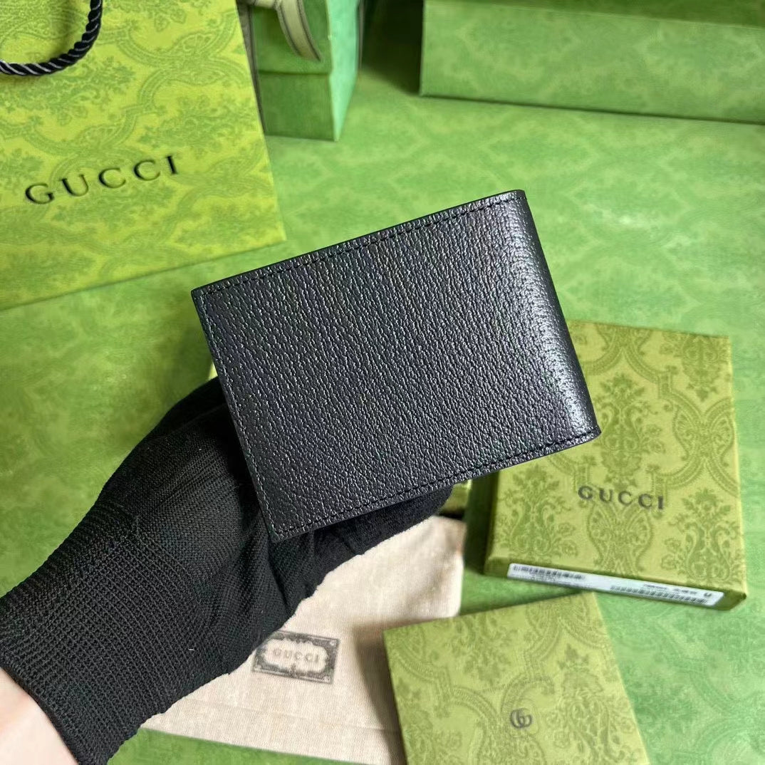 Gucci Unisex GG Bi-Fold Wallet Horsebit Black Leather Moiré Lining