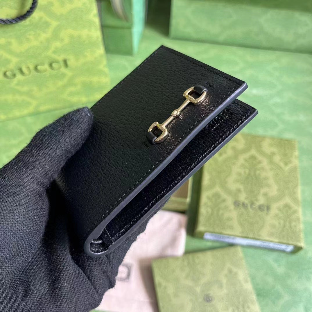 Gucci Unisex GG Bi-Fold Wallet Horsebit Black Leather Moiré Lining