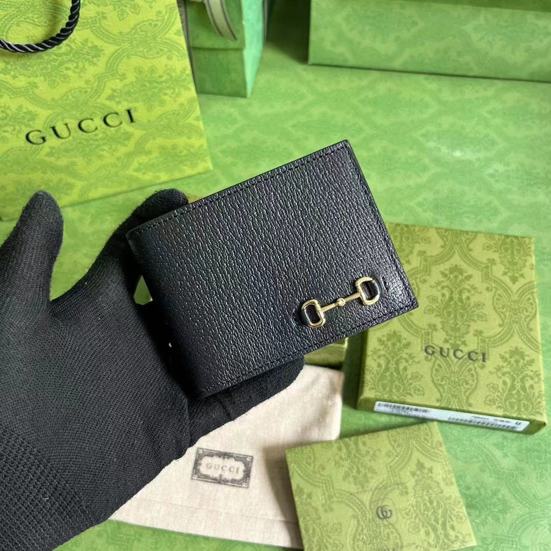 Gucci Unisex GG Bi-Fold Wallet Horsebit Black Leather Moiré Lining