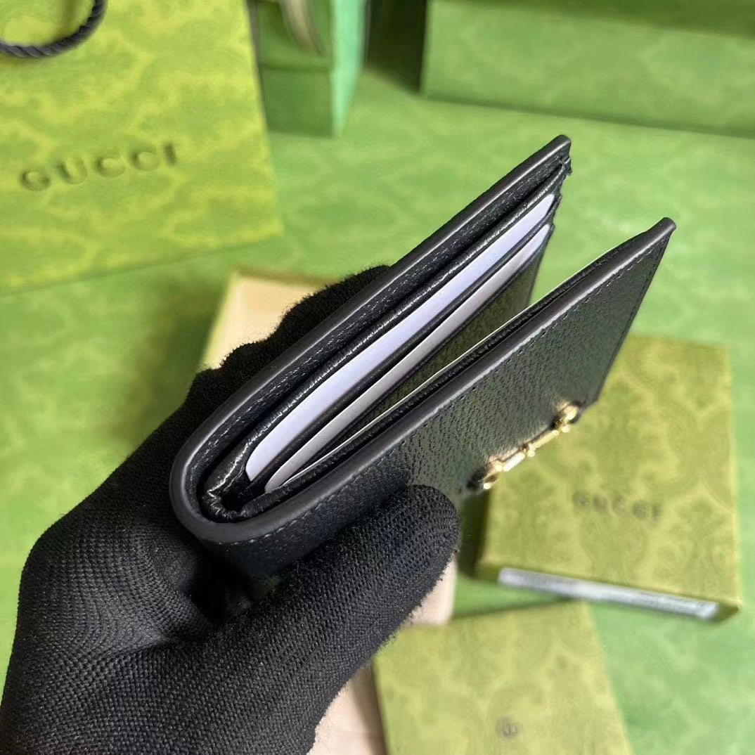 Gucci Unisex GG Bi-Fold Wallet Horsebit Black Leather Moiré Lining