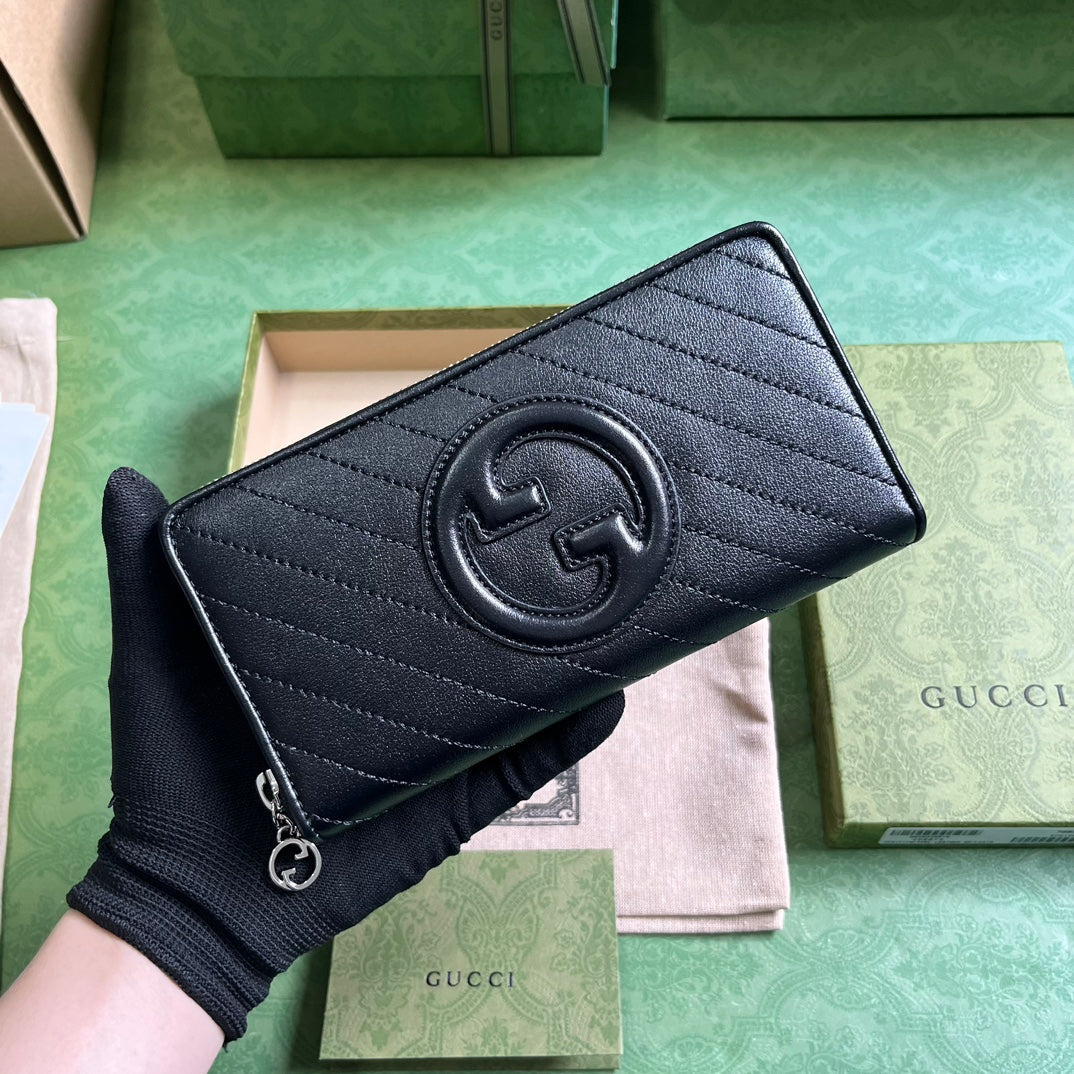 Gucci Unisex GG Blondie Zip Around Wallet Black Leather Round Interlocking G Zip Closure