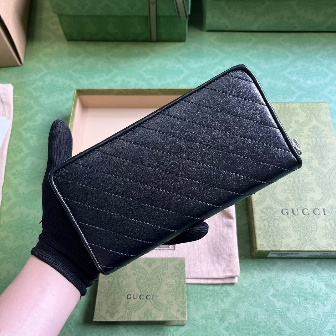 Gucci Unisex GG Blondie Zip Around Wallet Black Leather Round Interlocking G Zip Closure