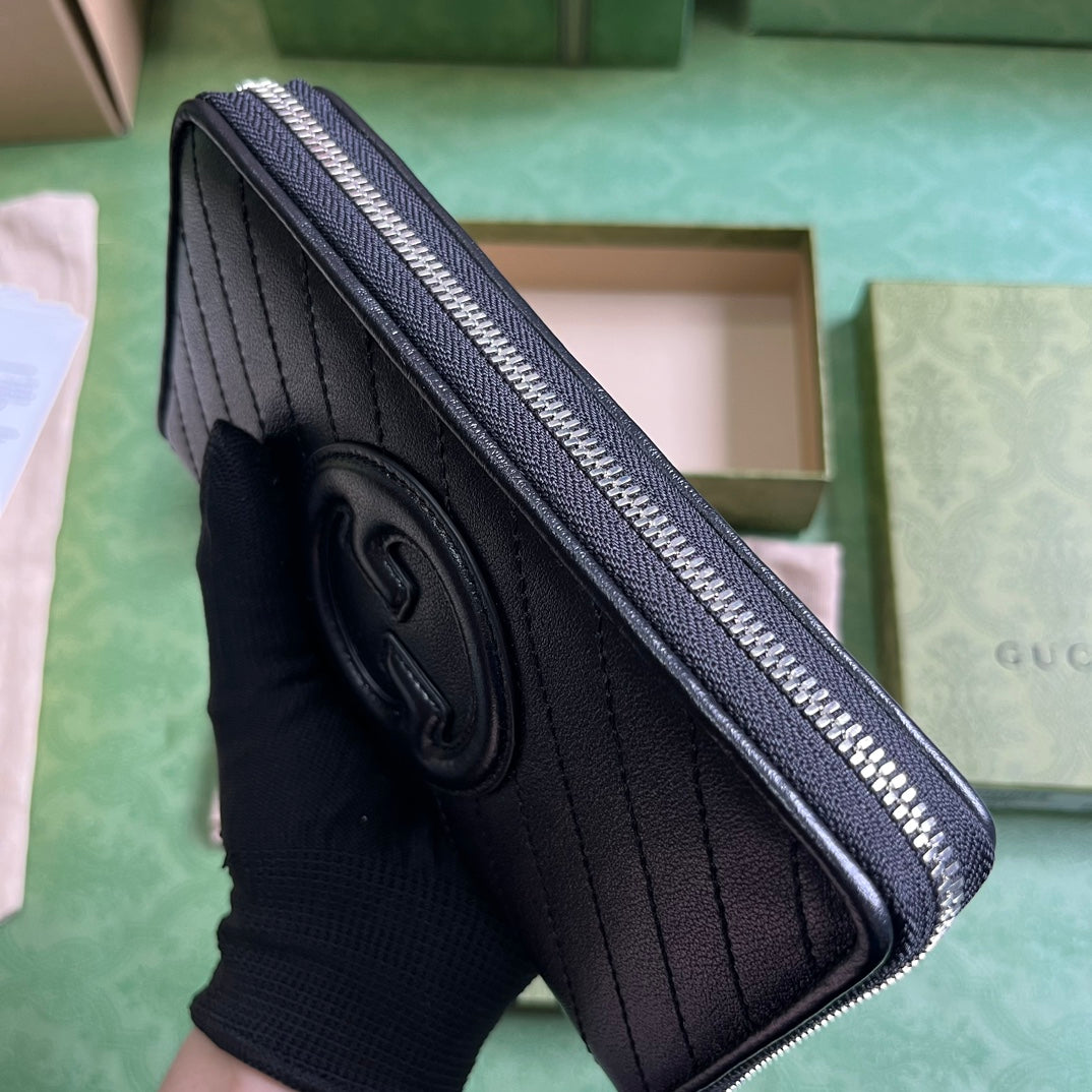 Gucci Unisex GG Blondie Zip Around Wallet Black Leather Round Interlocking G Zip Closure