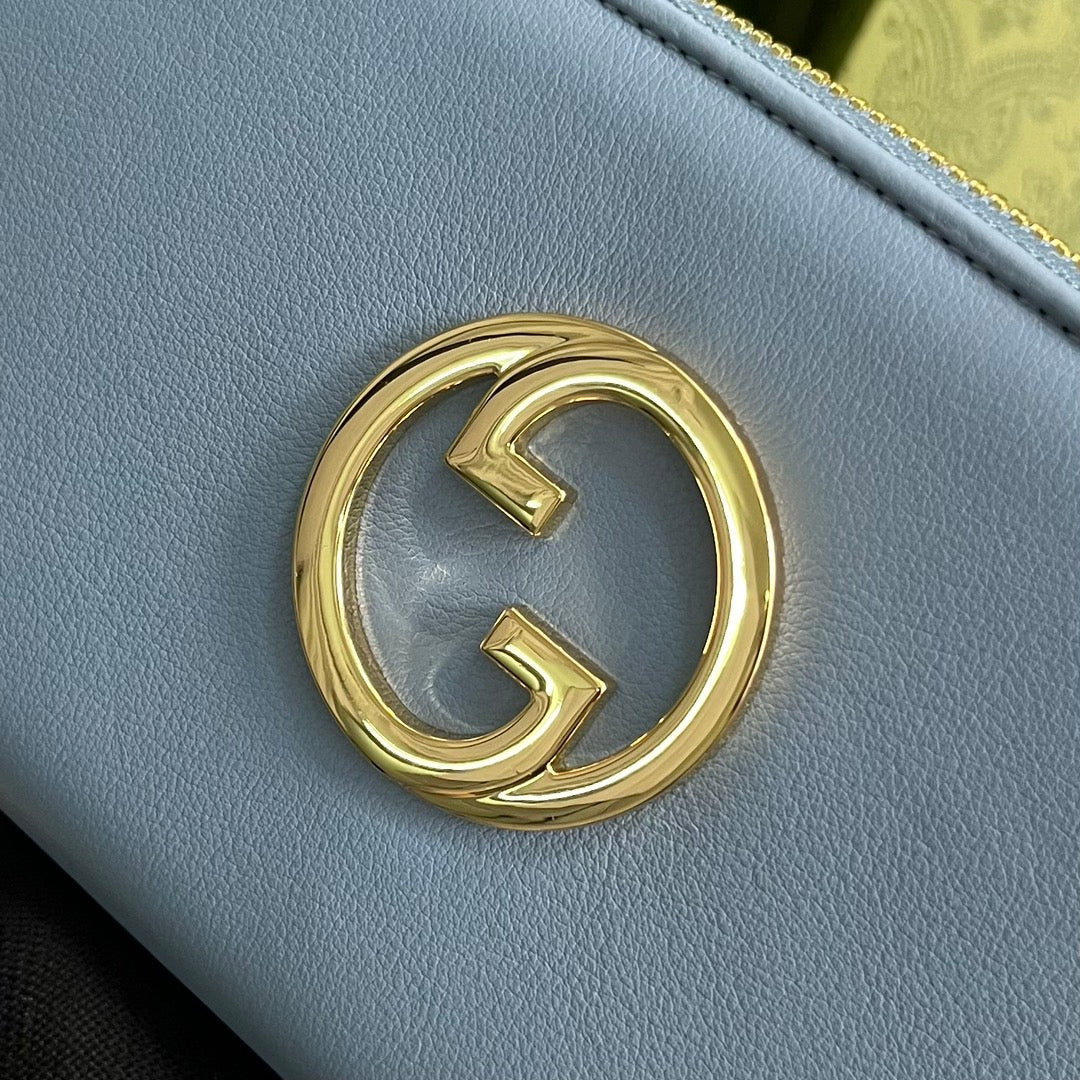 Gucci Unisex GG Blondie Zip Around Wallet Light Blue Leather Round Interlocking G