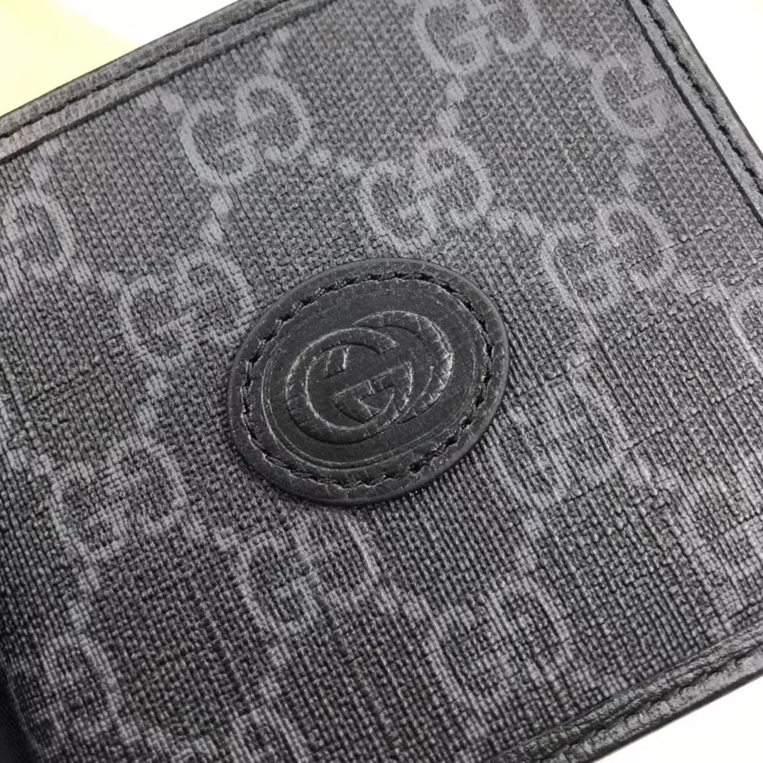 Gucci Unisex GG Coin Wallet Interlocking G Black GG Supreme Canvas Leather