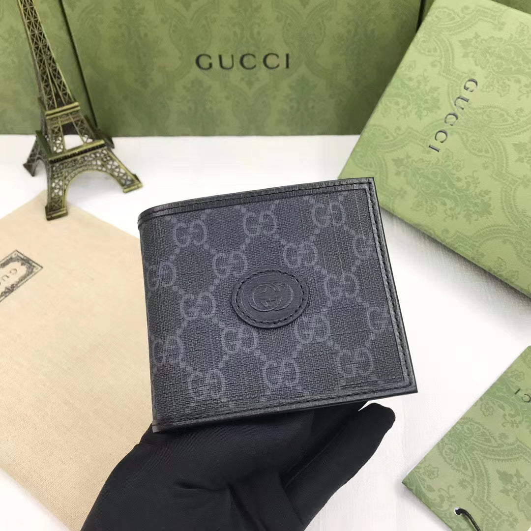 Gucci Unisex GG Coin Wallet Interlocking G Black GG Supreme Canvas Leather