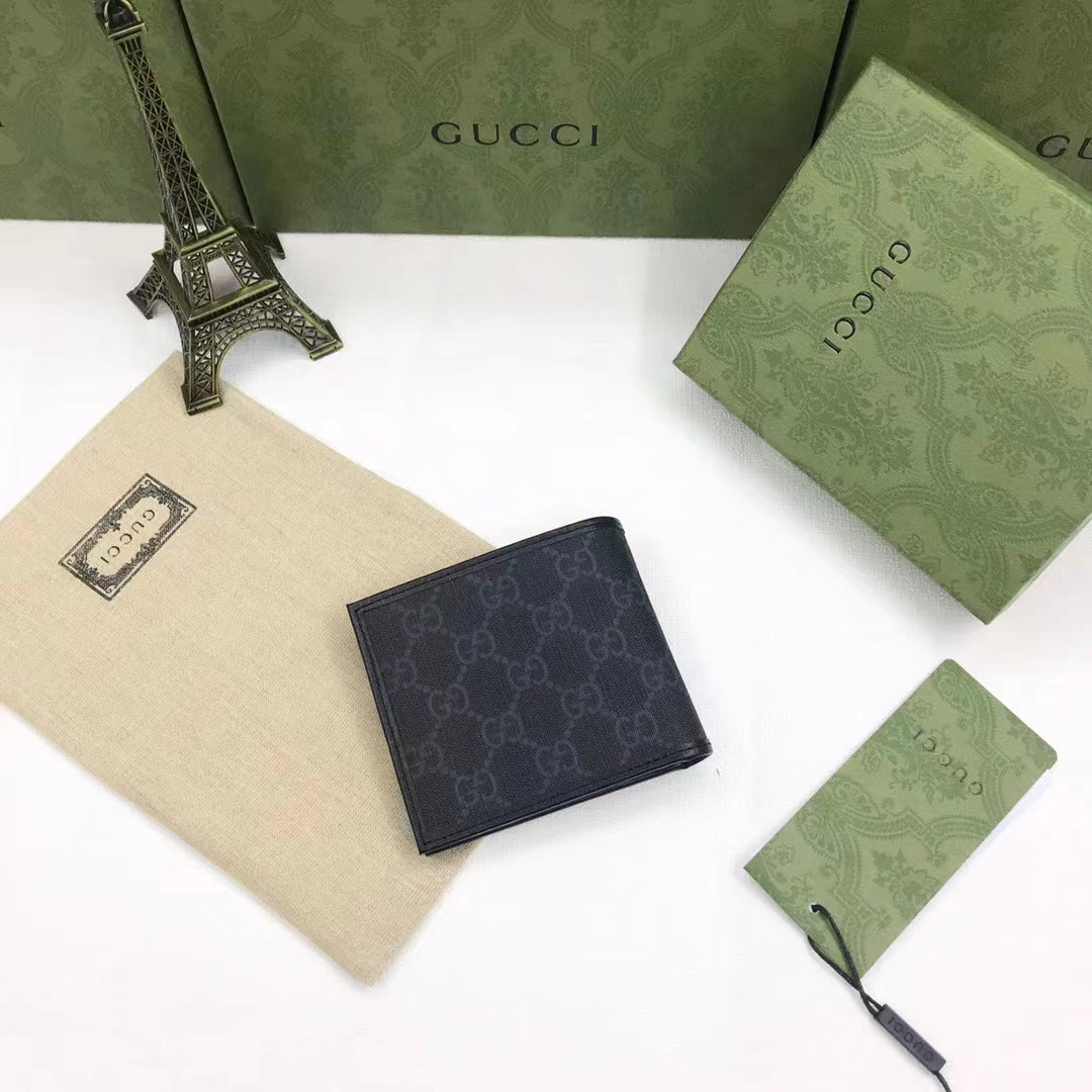 Gucci Unisex GG Coin Wallet Interlocking G Black GG Supreme Canvas Leather