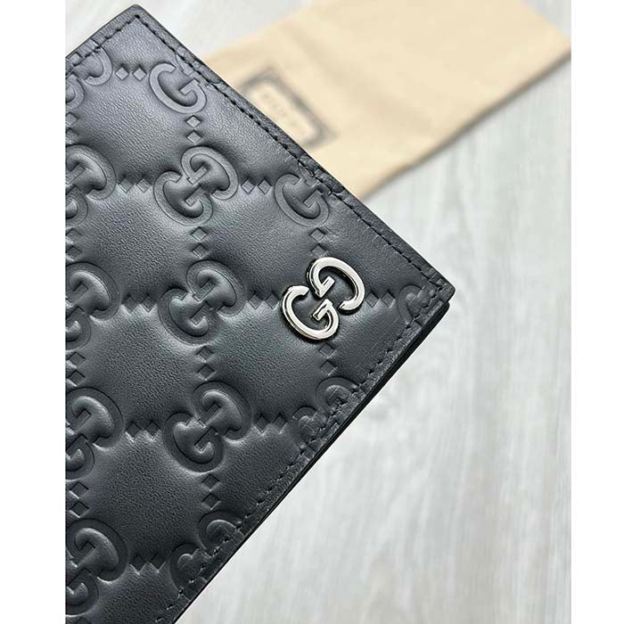 Gucci Unisex GG Gucci Signature Wallet Card Case Black Leather Metal Eight Card Slots