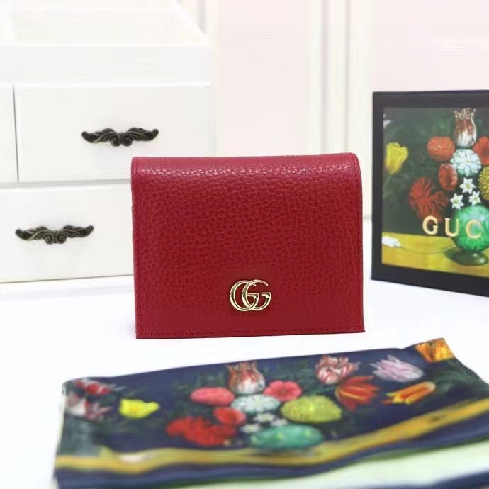 Gucci Unisex GG Leather Card Case Wallet Red Double G Snap Closure