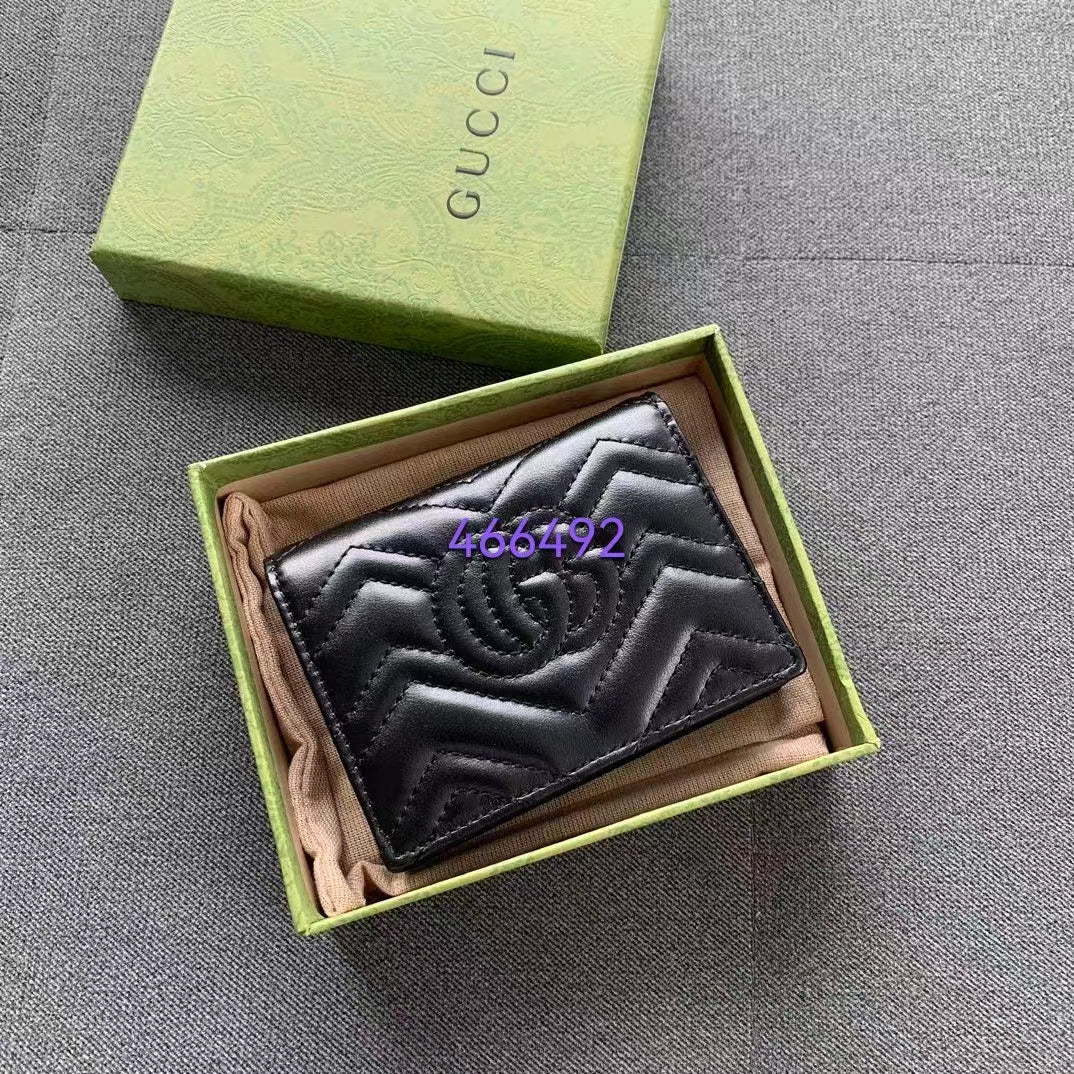 Gucci Unisex GG Marmont Card Case Wallet Black Matelassé Chevron Leather Double G