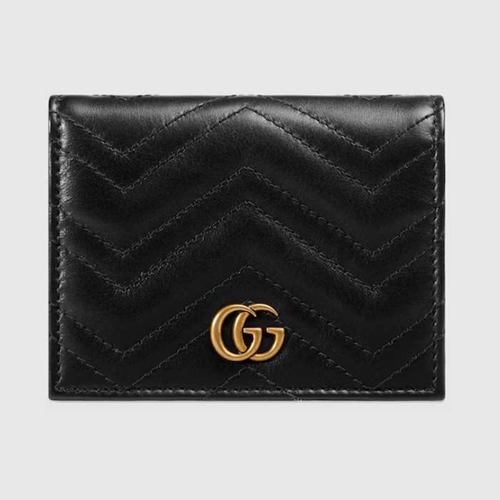 Gucci Unisex GG Marmont Card Case Wallet Black Matelassé Chevron Leather Double G