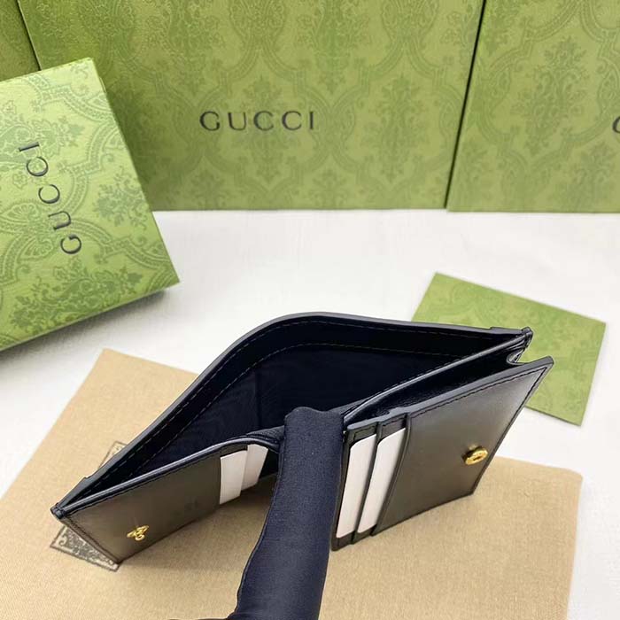 Gucci Unisex GG Marmont Card Case Wallet Black Matelassé Leather Double G