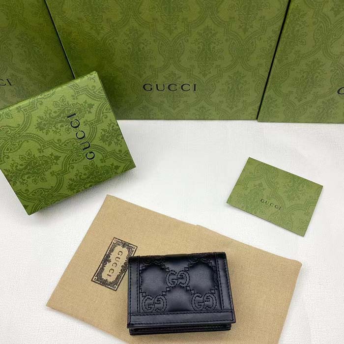 Gucci Unisex GG Marmont Card Case Wallet Black Matelassé Leather Double G