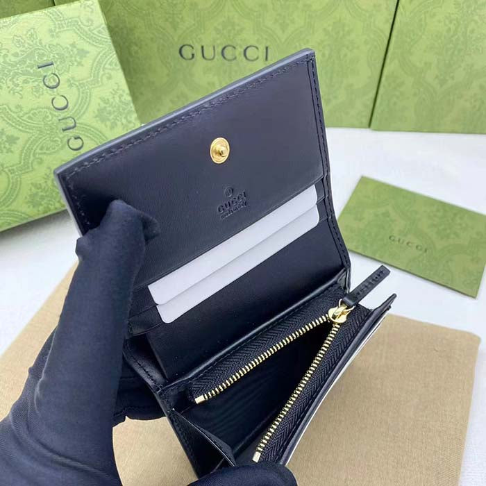 Gucci Unisex GG Marmont Card Case Wallet Black Matelassé Leather Double G