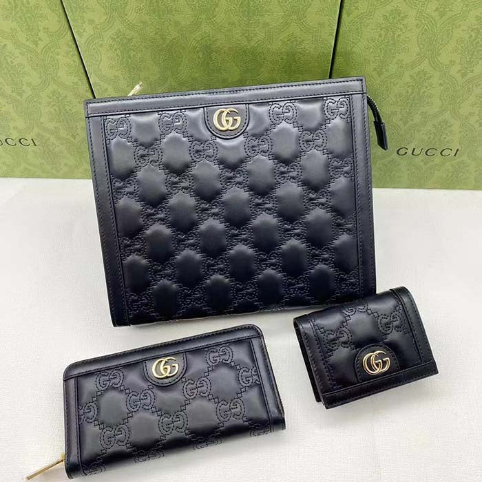 Gucci Unisex GG Marmont Card Case Wallet Black Matelassé Leather Double G