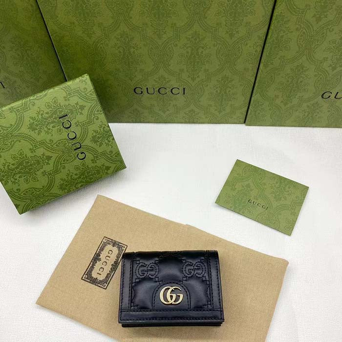 Gucci Unisex GG Marmont Card Case Wallet Black Matelassé Leather Double G