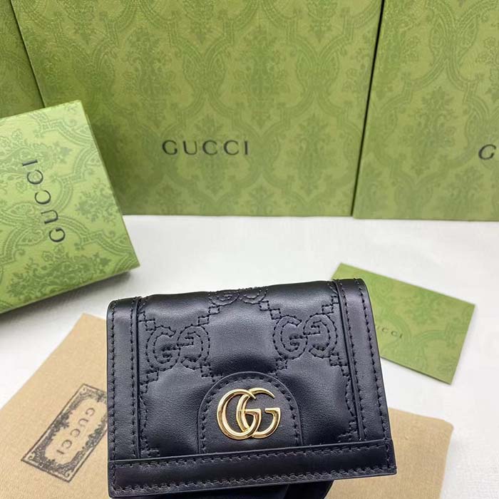 Gucci Unisex GG Marmont Card Case Wallet Black Matelassé Leather Double G