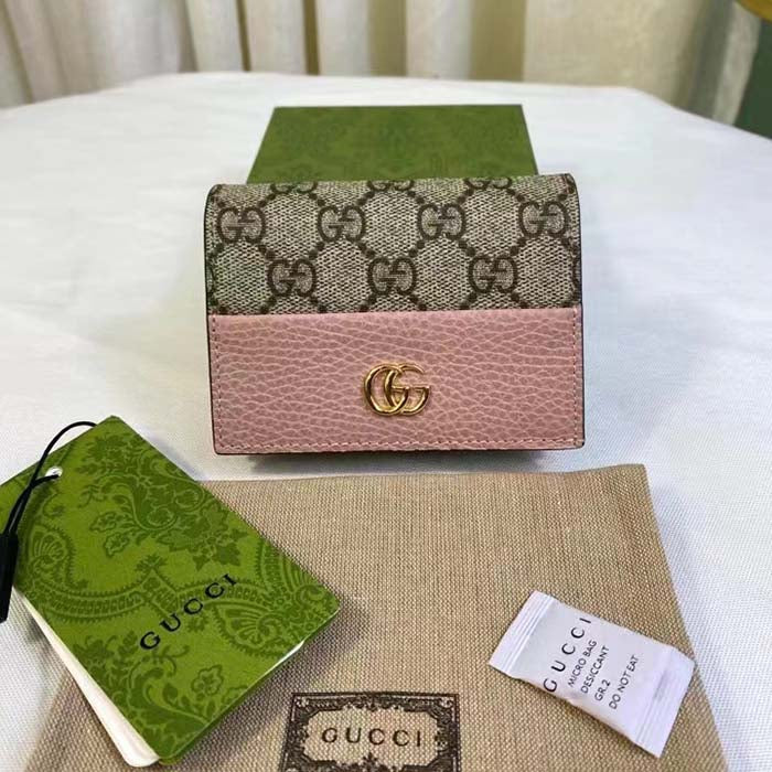 Gucci Unisex GG Marmont Card Case Wallet Double G Beige White GG Supreme Canvas