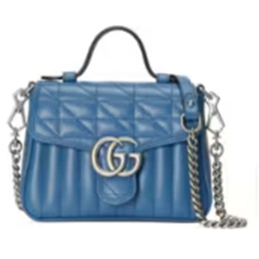 Gucci Unisex GG Marmont Mini Top Handle Bag Blue Matelassé Leather Double G