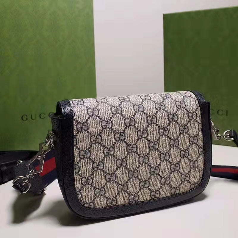 Gucci Women Horsebit 1955 GG Mini Bag Beige Blue GG Supreme Canvas